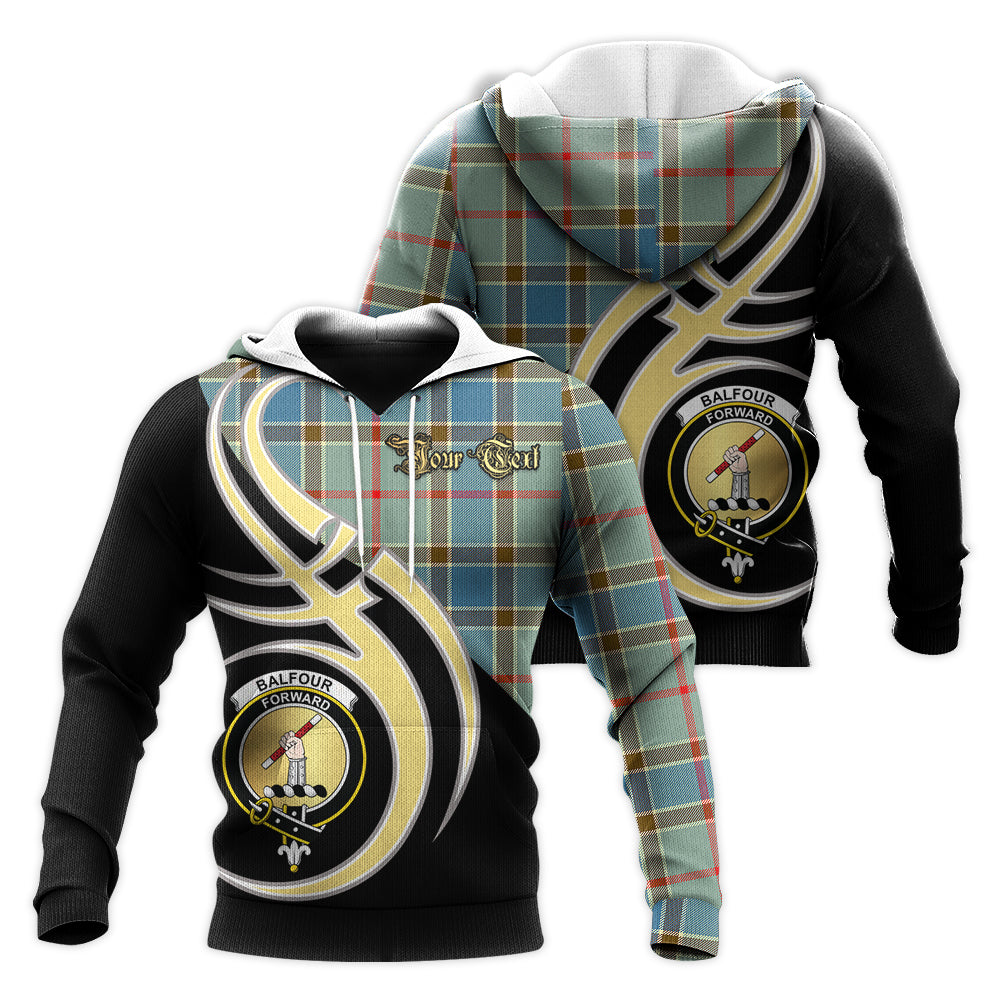 Printivon Balfour Blue Clan Believe In Me Crest Tartan Knitted Hoodie Custom Your Text