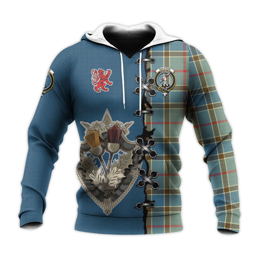 Printivon Balfour Blue Tartan Hoodie Lion Rampant And Celtic Thistle Style