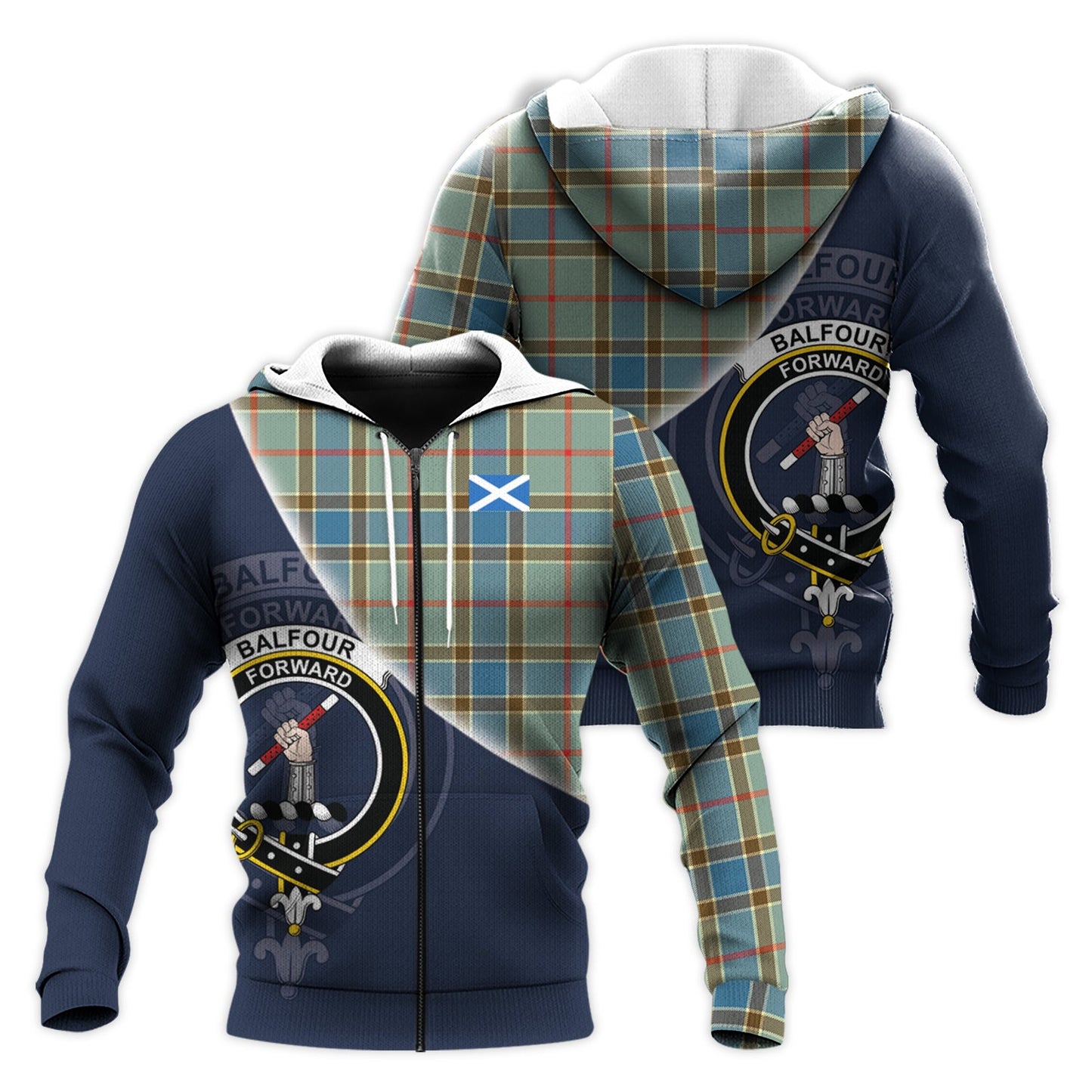 Printivon Balfour Blue Tartan Scottish Crest Hoodie