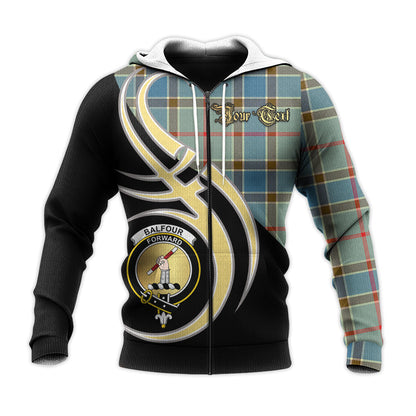 Printivon Balfour Blue Clan Believe In Me Crest Tartan Knitted Hoodie Custom Your Text