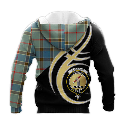 Printivon Balfour Blue Clan Believe In Me Crest Tartan Knitted Hoodie Custom Your Text
