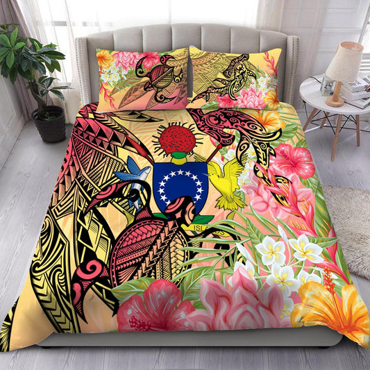 Cook Islands Bedding Set Flowers Tropical With Sea Animals