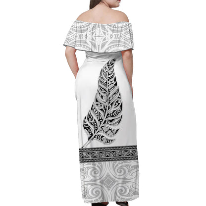 Custom Personalised New Zealand Off Shoulder Long Dress Maori Pattern Silver Fern White