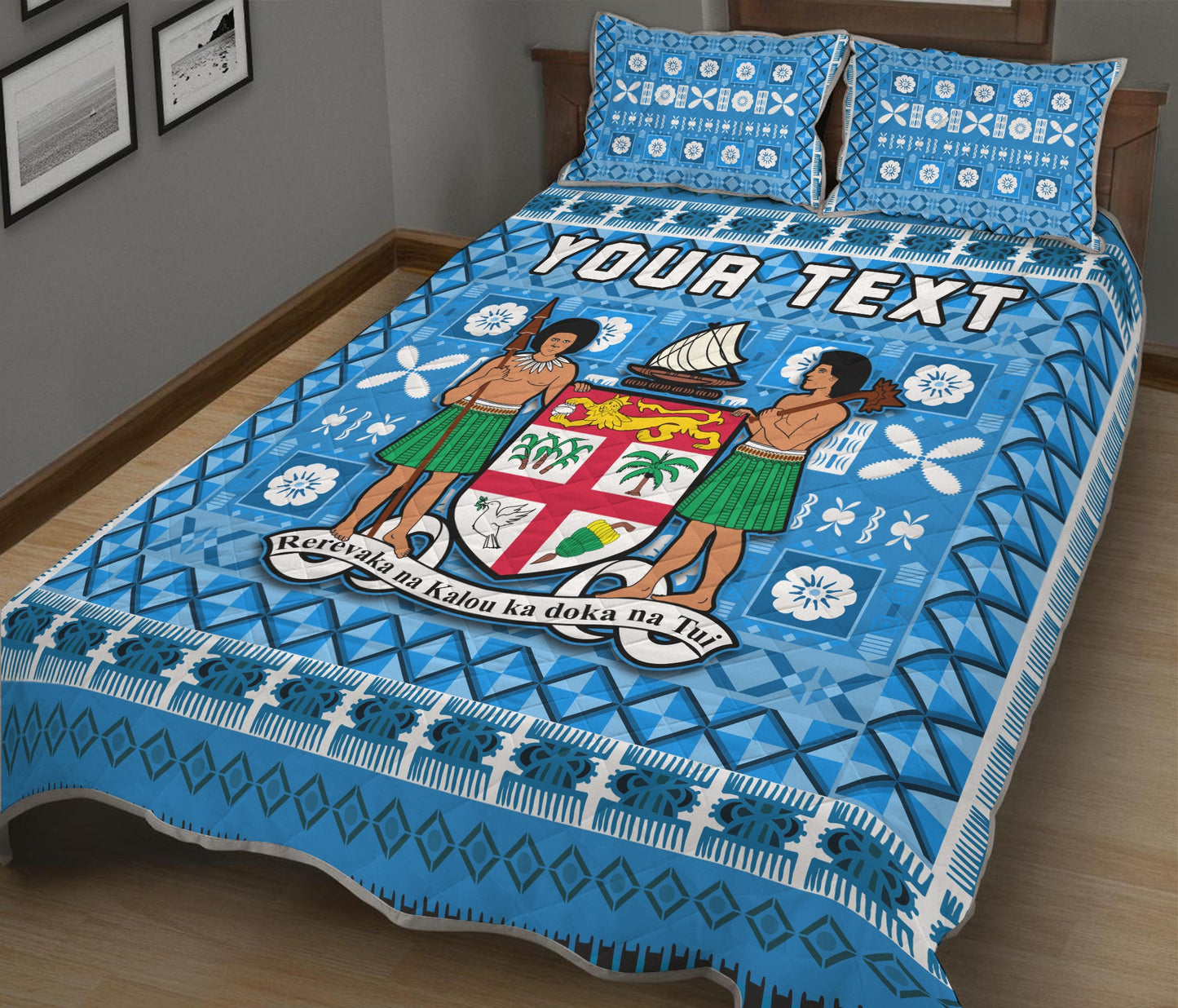 (Custom Personalised) Fiji Quilt Bed Set Pattern Fijian Tapa Pattern Blue