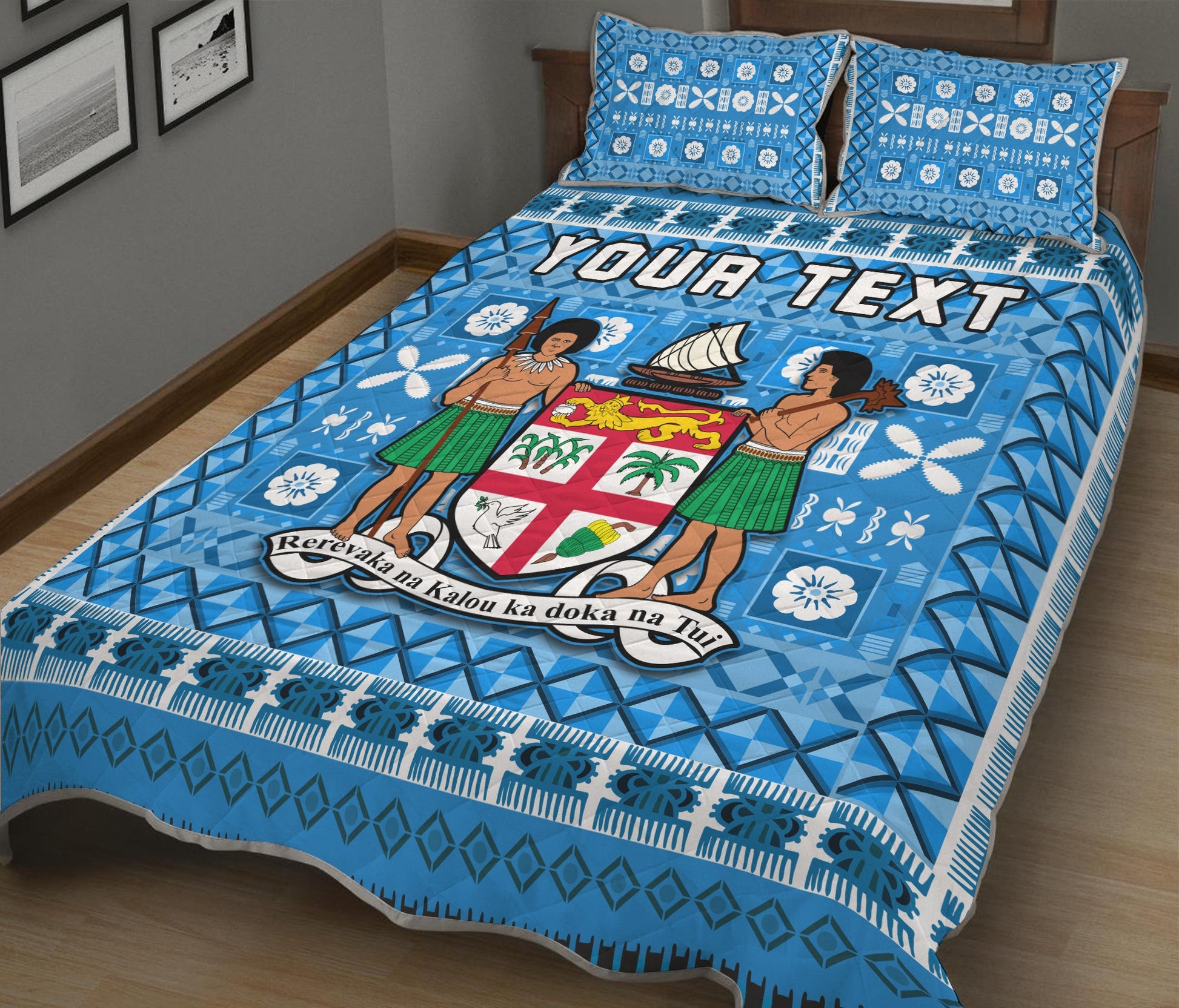 (Custom Personalised) Fiji Quilt Bed Set Pattern Fijian Tapa Pattern Blue