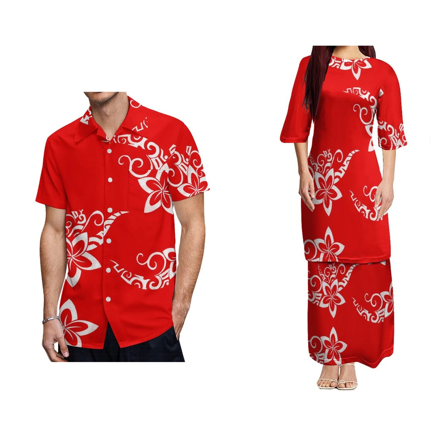 Polynesian Tribal Red Flowers Pattern Puletasi Dress And Hawaiian Shirt For Him Her Tropical Matching Outfit For Couple