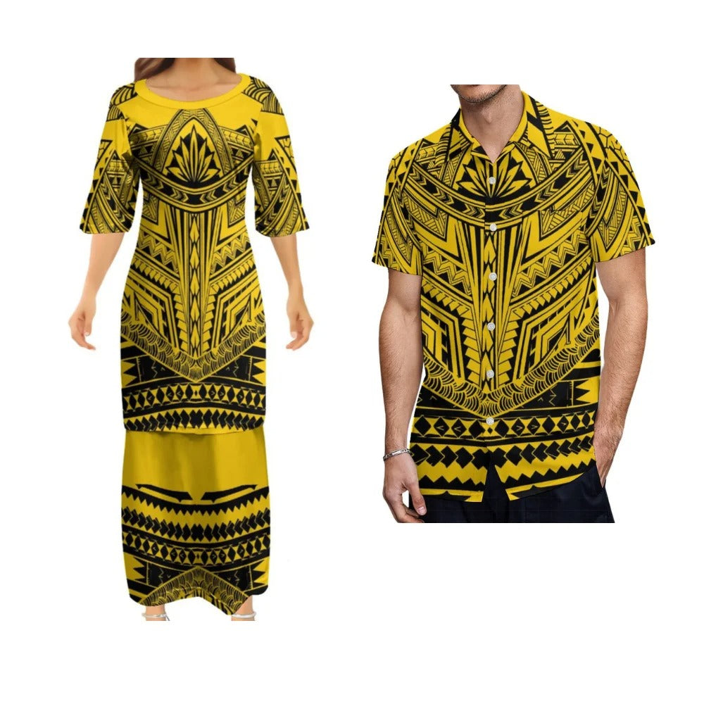 Polynesian Tribal Pattern Yellow Printed Matching Outfit Couple Set Women's Dress Men's Shirt