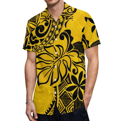 Polynesian Traditional Printed Island Leaf Yellow Fishtail Dress And Hawaiian Shirt Matching Outfit For Couple Set For Him Her