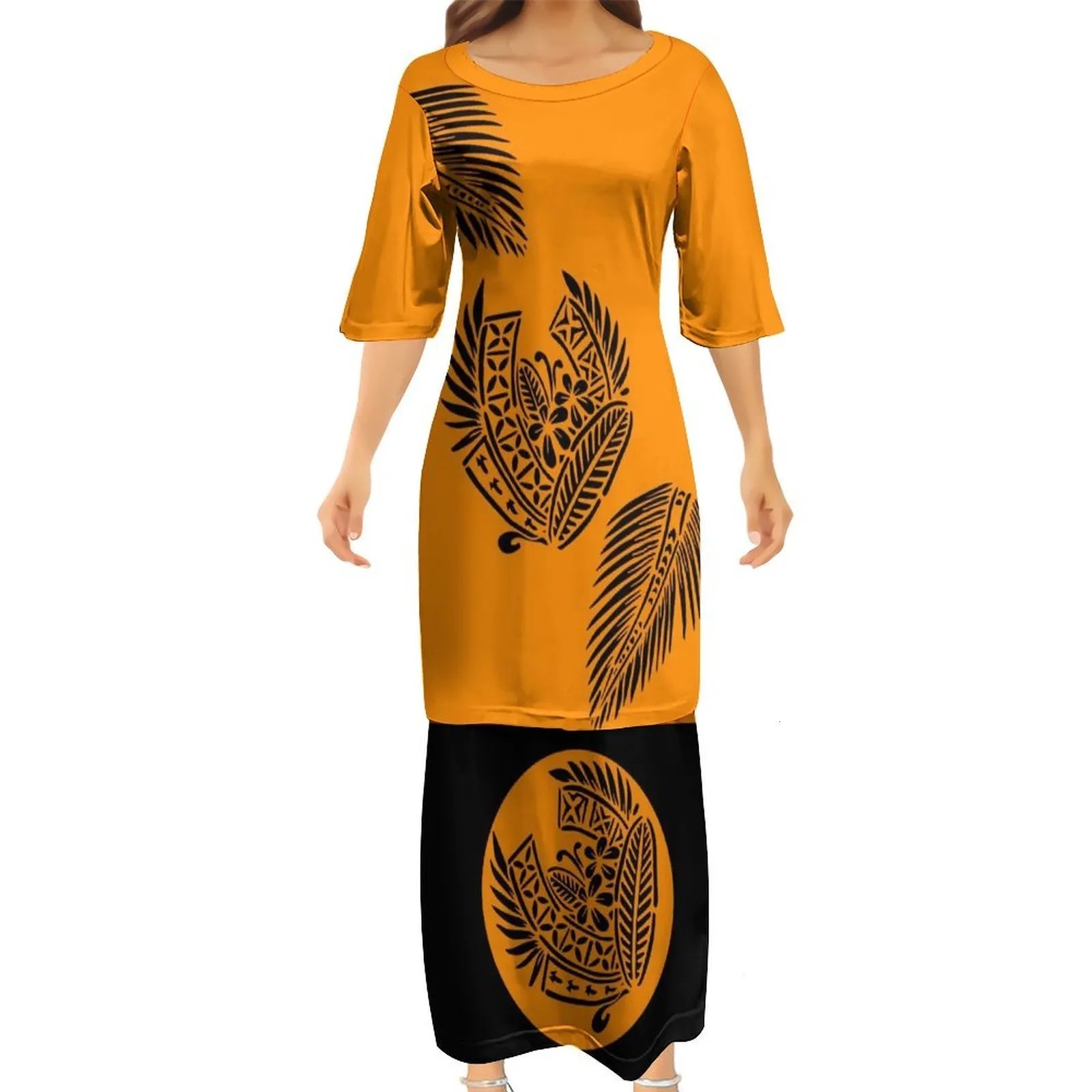 Orange Tropical Polynesian Traditional Tribal Couple Set Puletasi Dress Two-Piece Suit With Men's Shirt Blue Matching Outfit For Couple