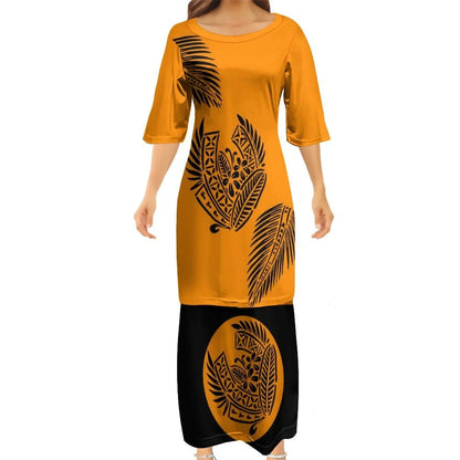 Orange Tropical Polynesian Traditional Tribal Couple Set Puletasi Dress Two-Piece Suit With Men's Shirt Blue Matching Outfit For Couple