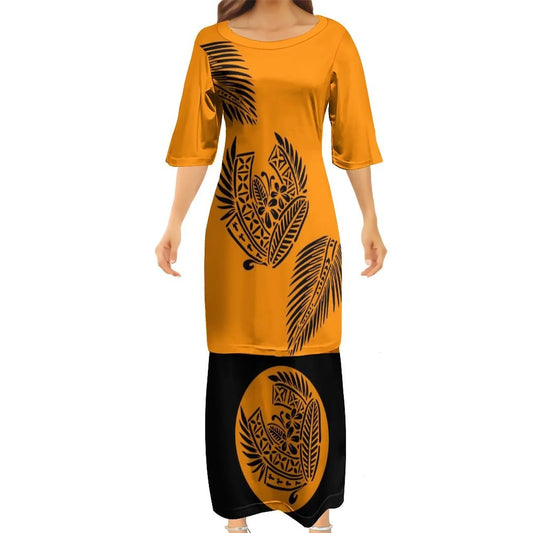 Orange Tropical Polynesian Traditional Tribal Couple Set Puletasi Dress Two-Piece Suit With Men's Shirt Blue Matching Outfit For Couple
