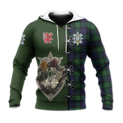 Printivon Black Watch Tartan Hoodie Lion Rampant And Celtic Thistle Style