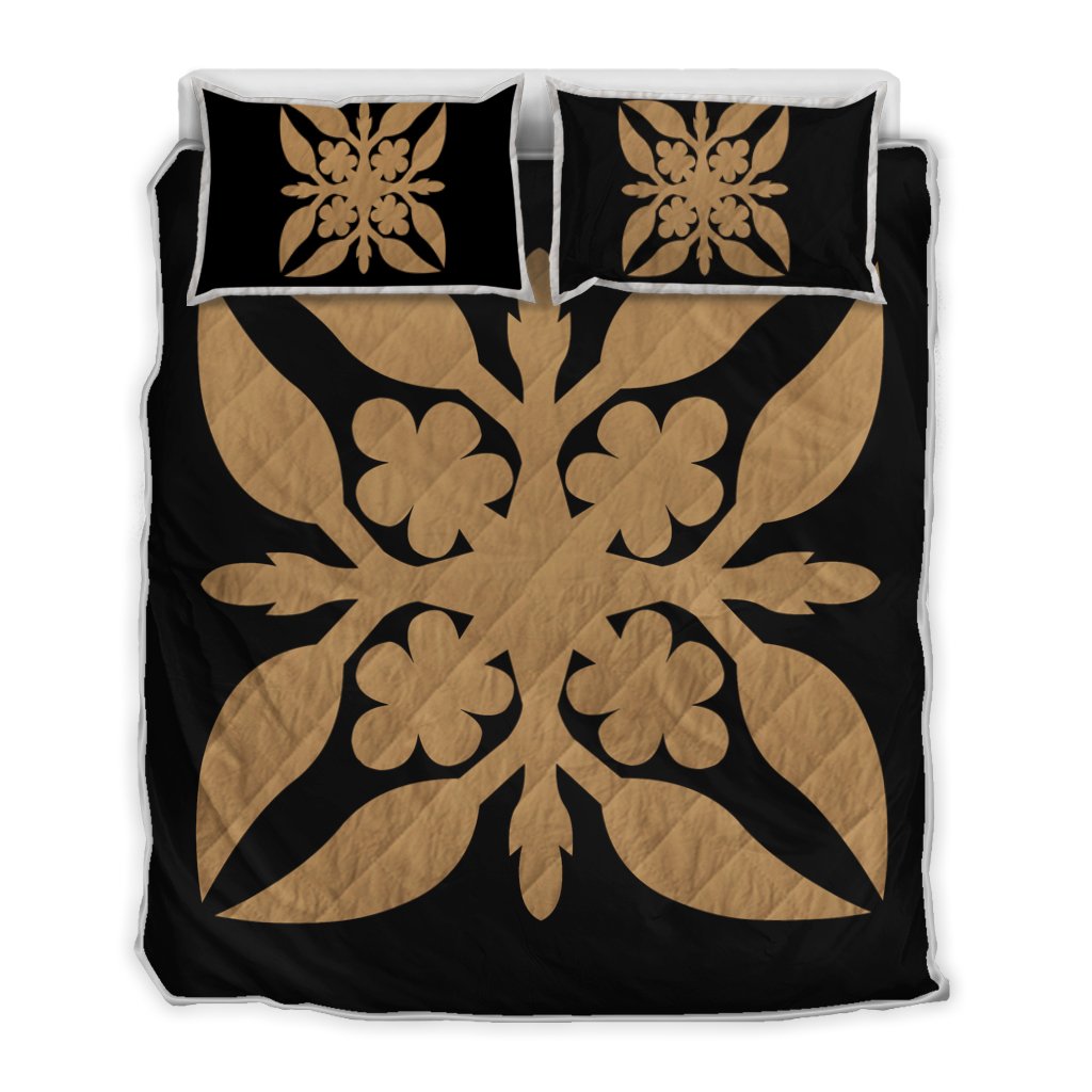 Hawaiian Royal Pattern Quilt Bed Set Black And Gold G1 Style AH