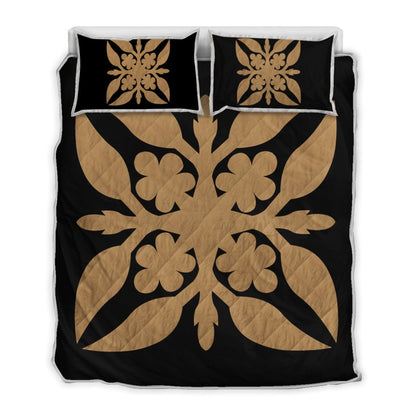 Hawaiian Royal Pattern Quilt Bed Set Black And Gold G1 Style AH