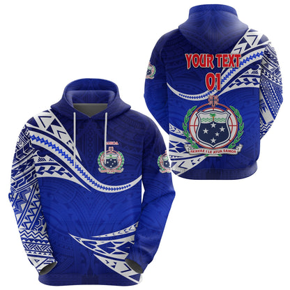 Custom Text   Manu Samoa Rugby Hoodie Personalised Samoa Coat Of Arms Unique Version Blue Zip Up Hoodie