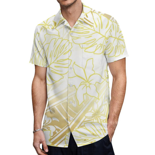 Polynesian Traditional Printed Island Leaf White Fishtail Dress And Hawaiian Shirt Matching Outfit For Couple Set For Him Her