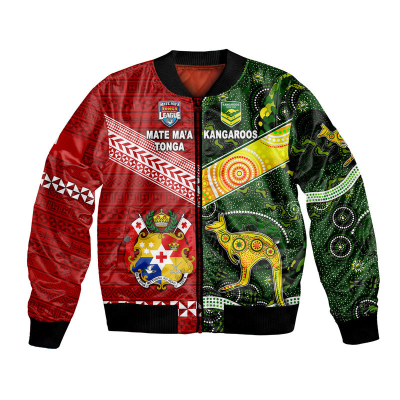 Mate Ma'a Tonga Ngatu And Australia Kangaroos Aboriginal Bomber Jacket Rugby Together