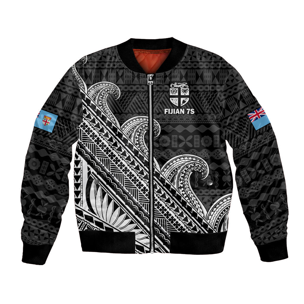 (Custom Text And Number) Fiji Sevens Rugby Fijian 7s Black Tapa Polynesian Art Bomber Jacket