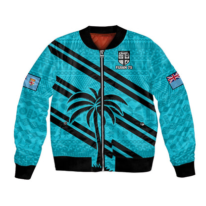 (Custom Text And Number) Fiji Rugby Tapa Pattern Fijian 7s Cyan Bomber Jacket