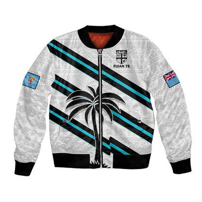 (Custom Text And Number) Fiji Rugby Tapa Pattern Fijian 7s White Bomber Jacket