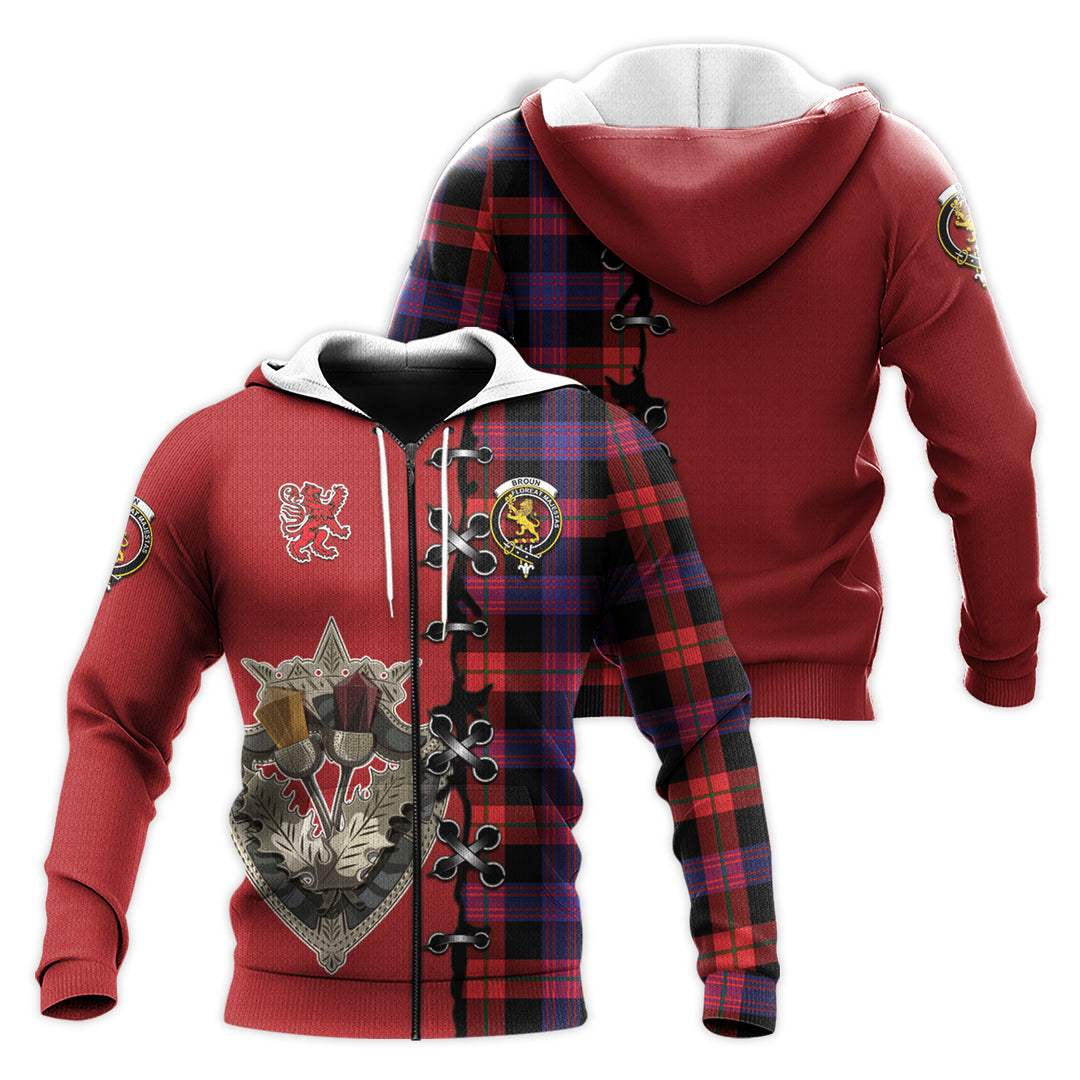 Printivon Broun Modern Tartan Hoodie Lion Rampant And Celtic Thistle Style