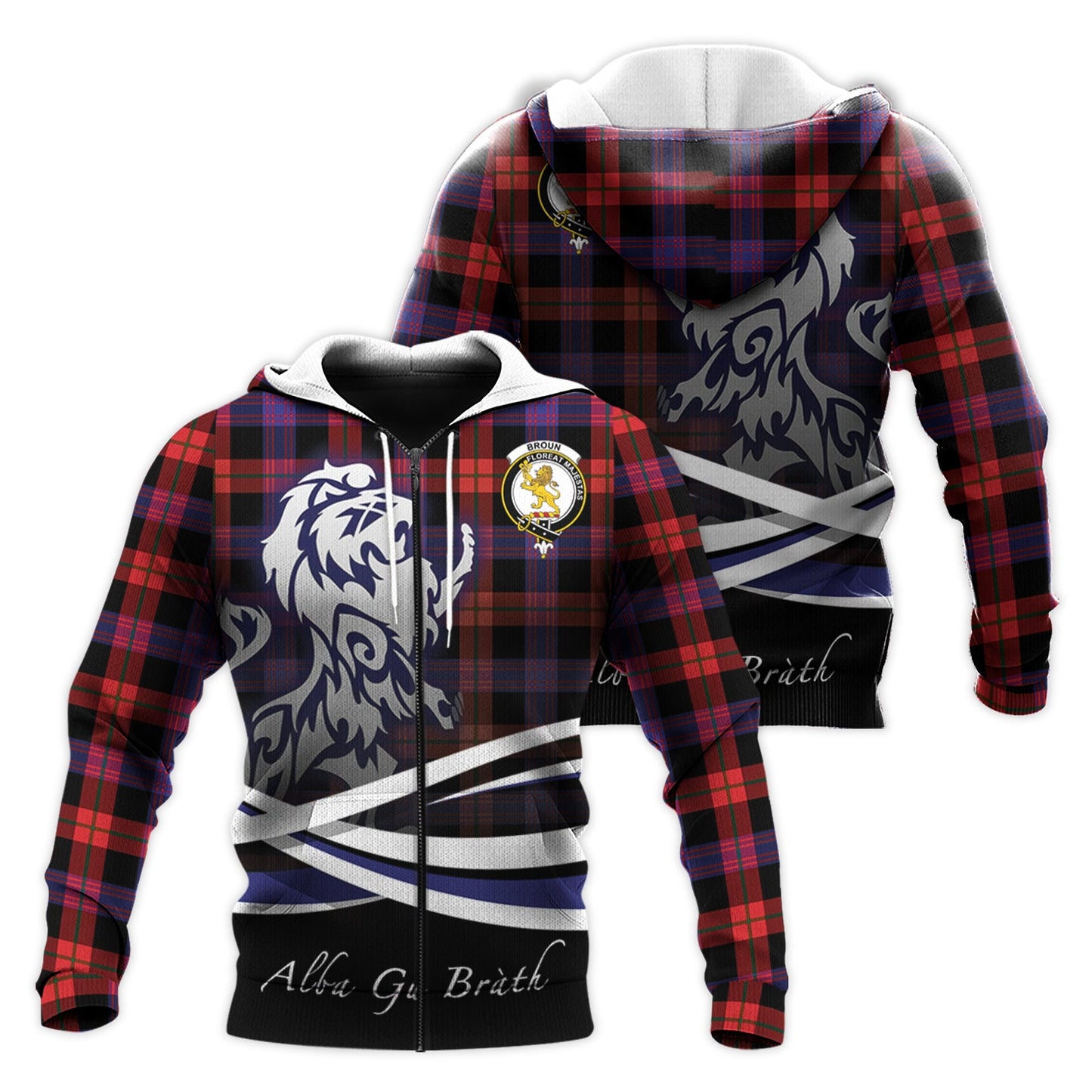 Printivon Broun Modern Tartan Scottish Lion Hoodie