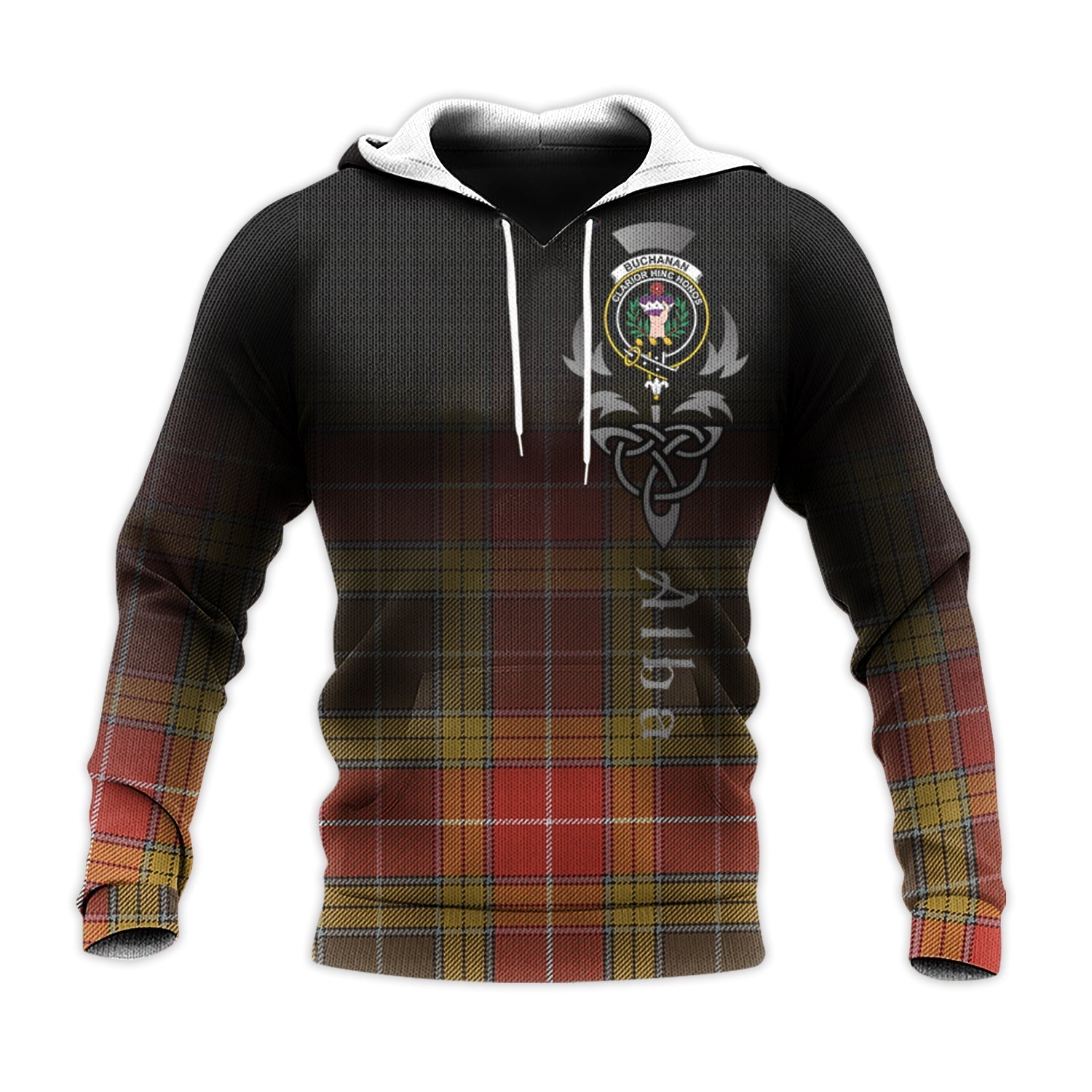 Printivon Buchanan Old Set Weathered Tartan Crest Alba Celtic Hoodie