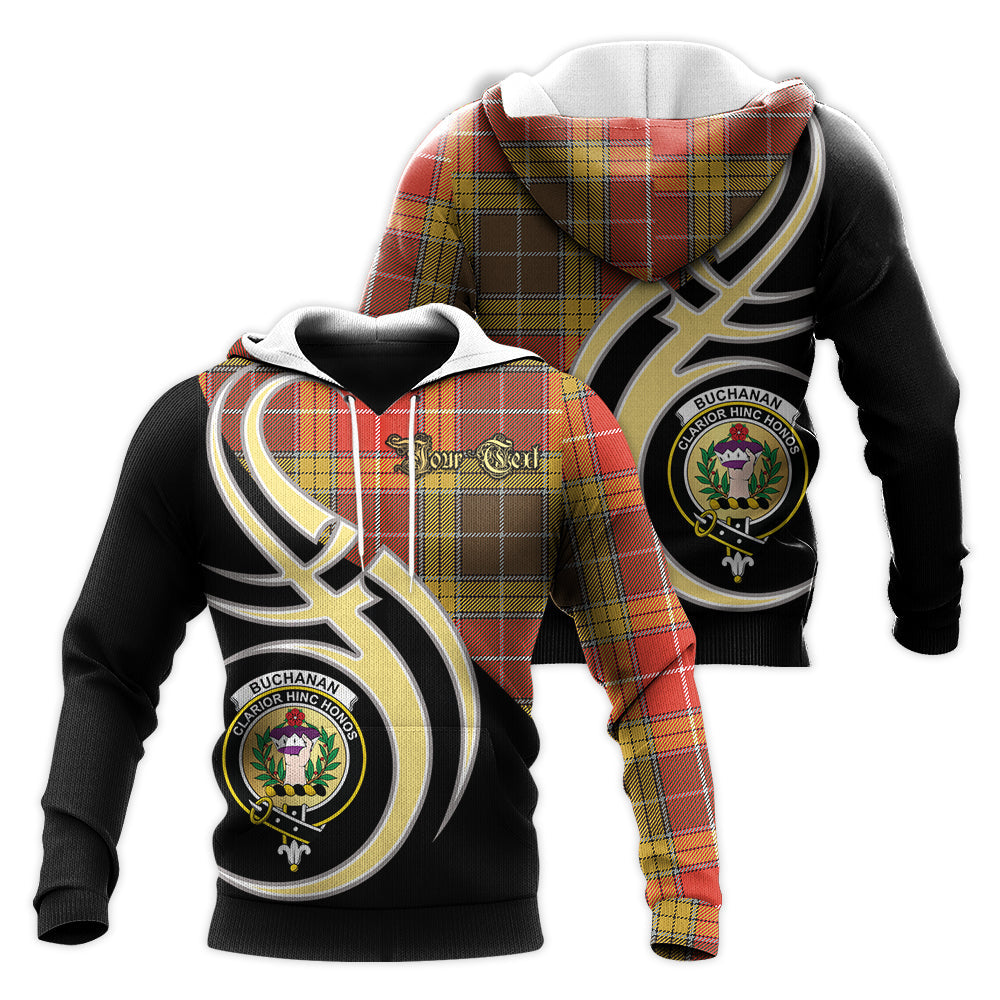Printivon Buchanan Old Set Weathered Clan Believe In Me Crest Tartan Knitted Hoodie Custom Your Text