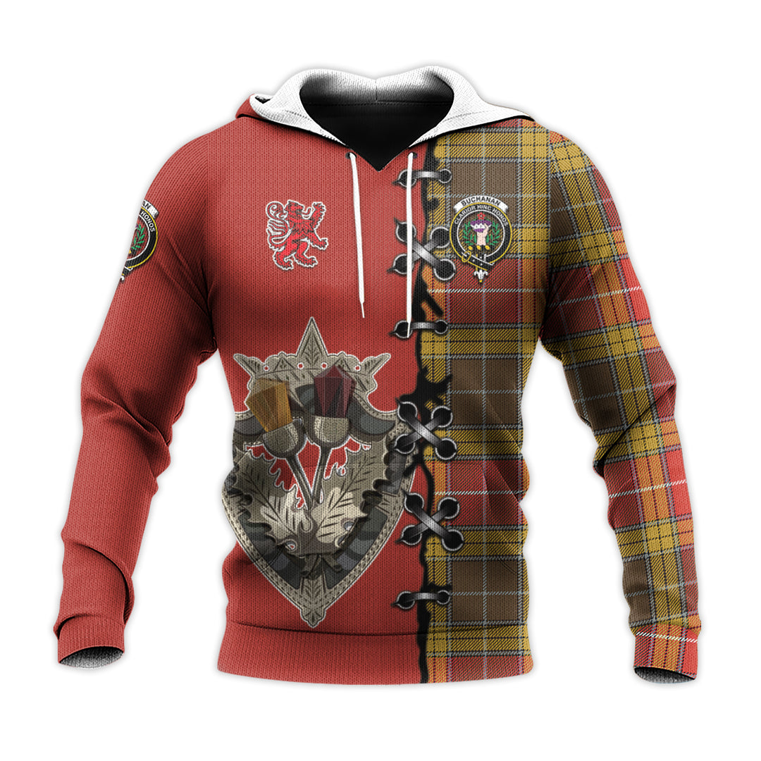 Printivon Buchanan Old Set Weathered Tartan Hoodie Lion Rampant And Celtic Thistle Style
