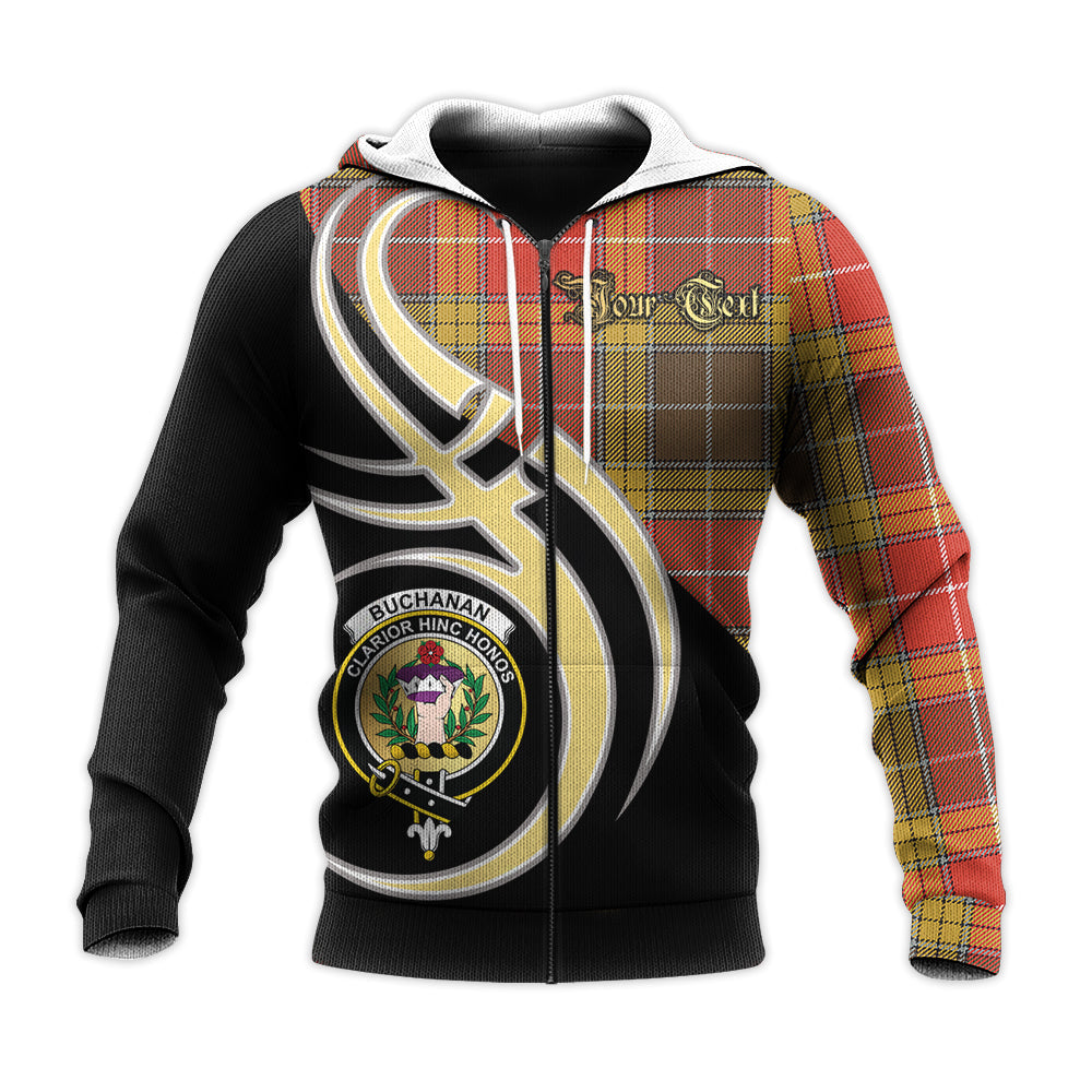 Printivon Buchanan Old Set Weathered Clan Believe In Me Crest Tartan Knitted Hoodie Custom Your Text