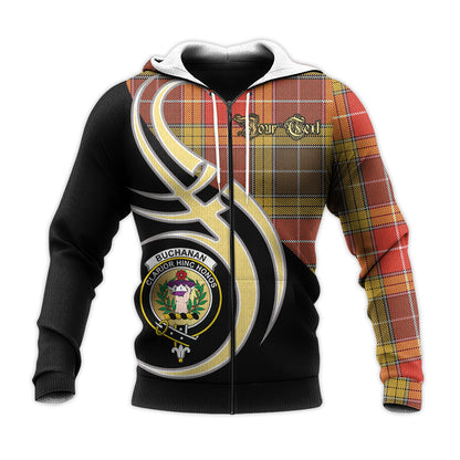 Printivon Buchanan Old Set Weathered Clan Believe In Me Crest Tartan Knitted Hoodie Custom Your Text