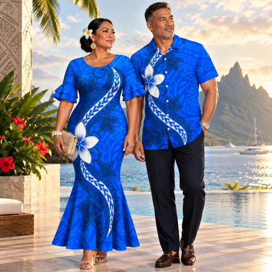 Polynesian Flowers Pattern Blue Matching Outfit For Couple Polynesian Tribal Printed Short Sleeve Mermaid Long Dress And Hawaiian Shirt
