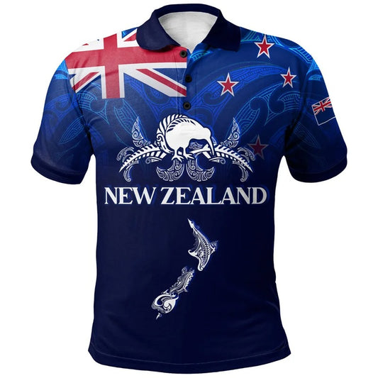 New Zealand Flag Polo Shirt Polynesian NZ Map Kiwi Bird Pattern Symbols Printed Shirt