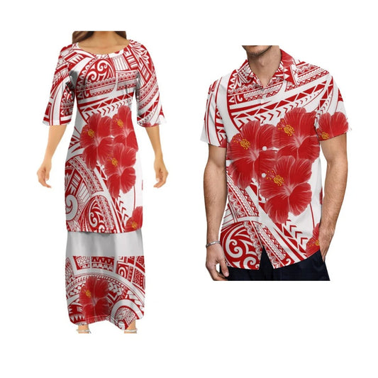 Red Polynesian Tribal Hibiscus Flowers Pattern Printed Matching Outfit Couple Set  Women's Dress Men's Shirt