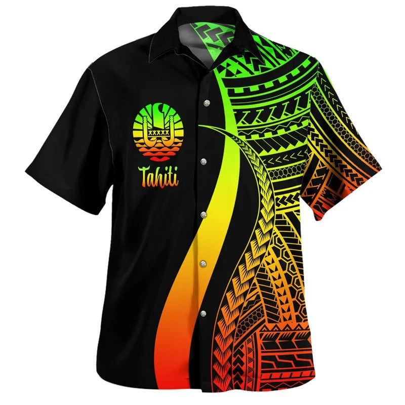 Tahiti Hawaiian Shirts Men Colorful 3d Printed Tahitian Polynesian Tribal Summer Casual Button Shirt