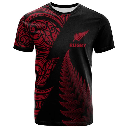 Red New Zealand Maori Rugby T Shirt Unisex Polynesian Silver Fern Leaf Shirt Round Neck Short Sleeves Tops