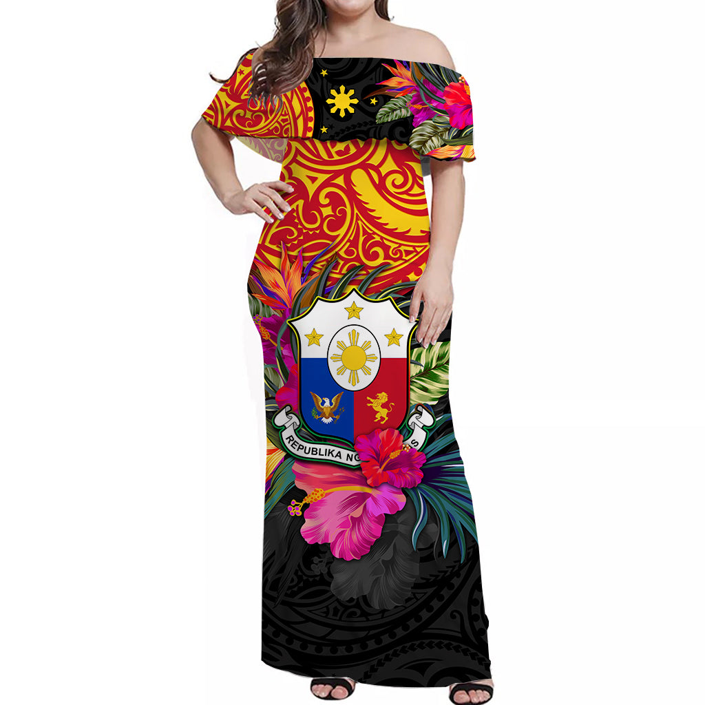 Philippines Off Shoulder Long Dress Alluring Polynesia and Tropical Flowers