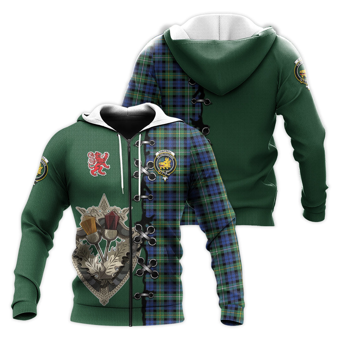 Printivon Campbell Argyll Ancient Tartan Hoodie Lion Rampant And Celtic Thistle Style
