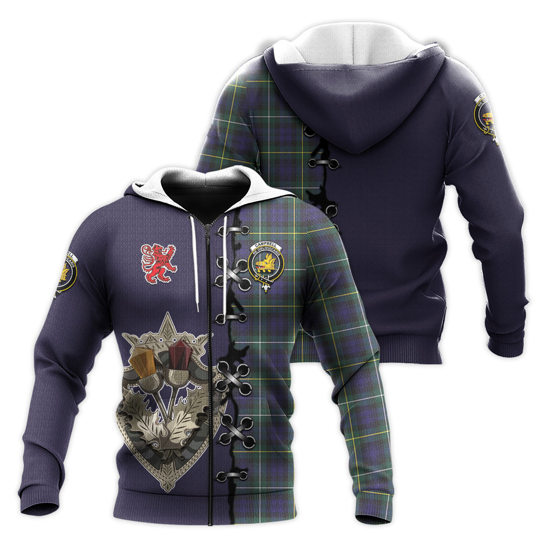 Printivon Campbell Argyll Modern Tartan Hoodie Lion Rampant And Celtic Thistle Style