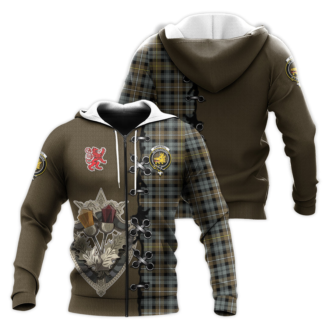 Printivon Campbell Argyll Weathered Tartan Hoodie Lion Rampant And Celtic Thistle Style