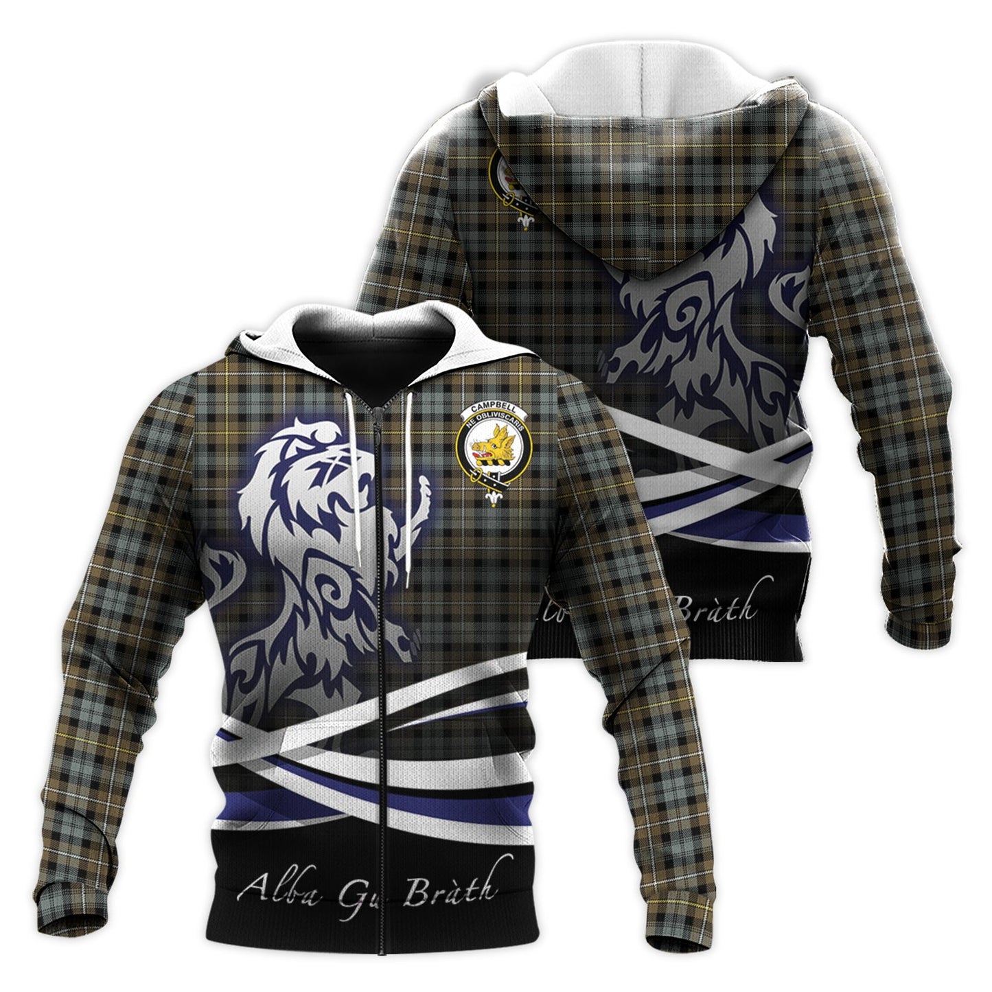 Printivon Campbell Argyll Weathered Tartan Scottish Lion Hoodie