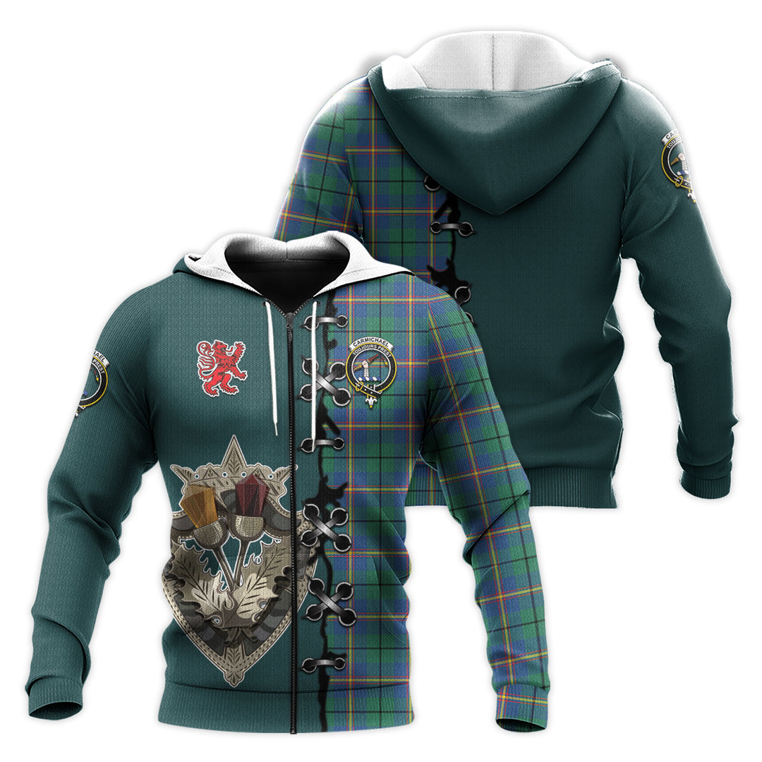 Printivon Carmichael Ancient Tartan Hoodie Lion Rampant And Celtic Thistle Style