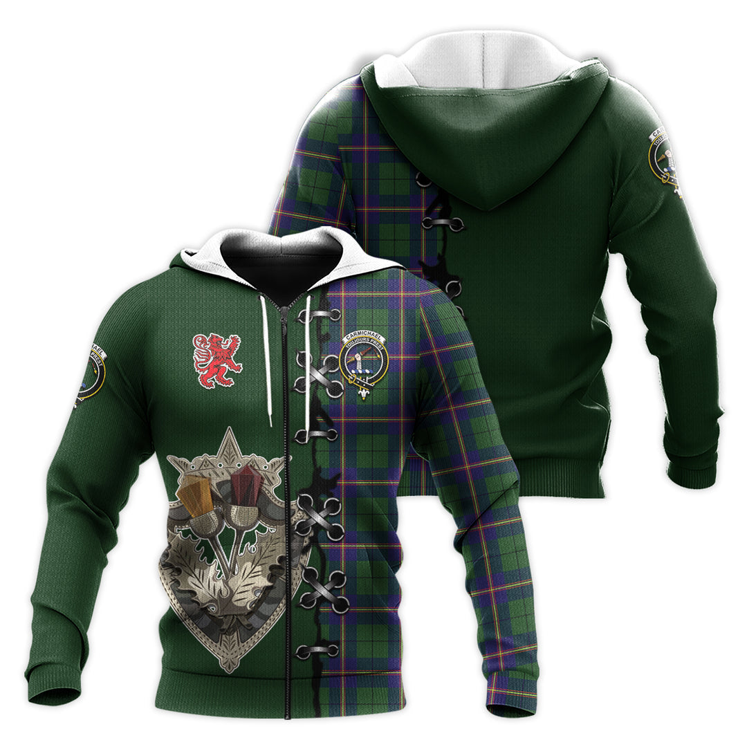 Printivon Carmichael Modern Tartan Hoodie Lion Rampant And Celtic Thistle Style