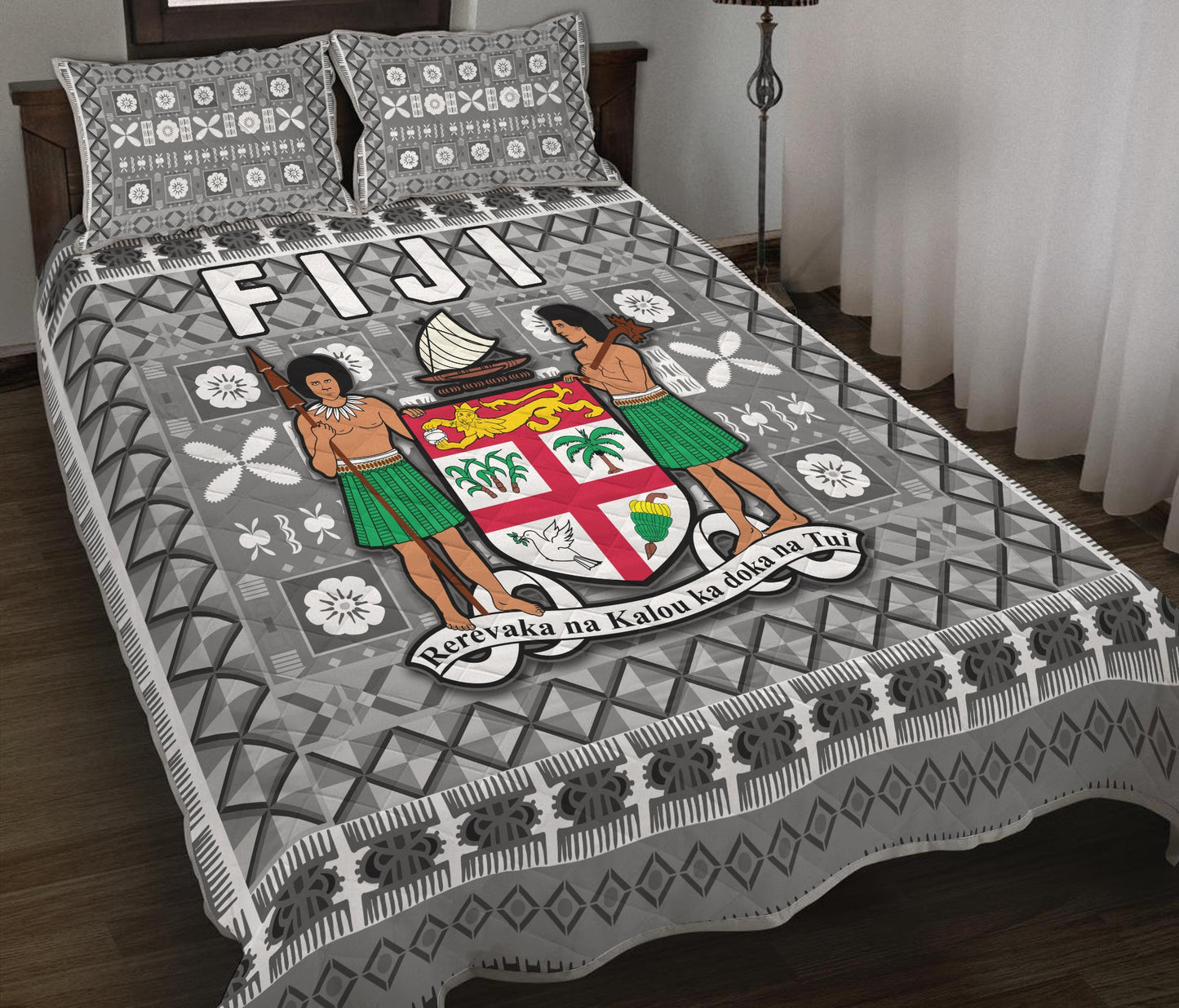 Fiji Quilt Bed Set Pattern Fijian Tapa Pattern Grey