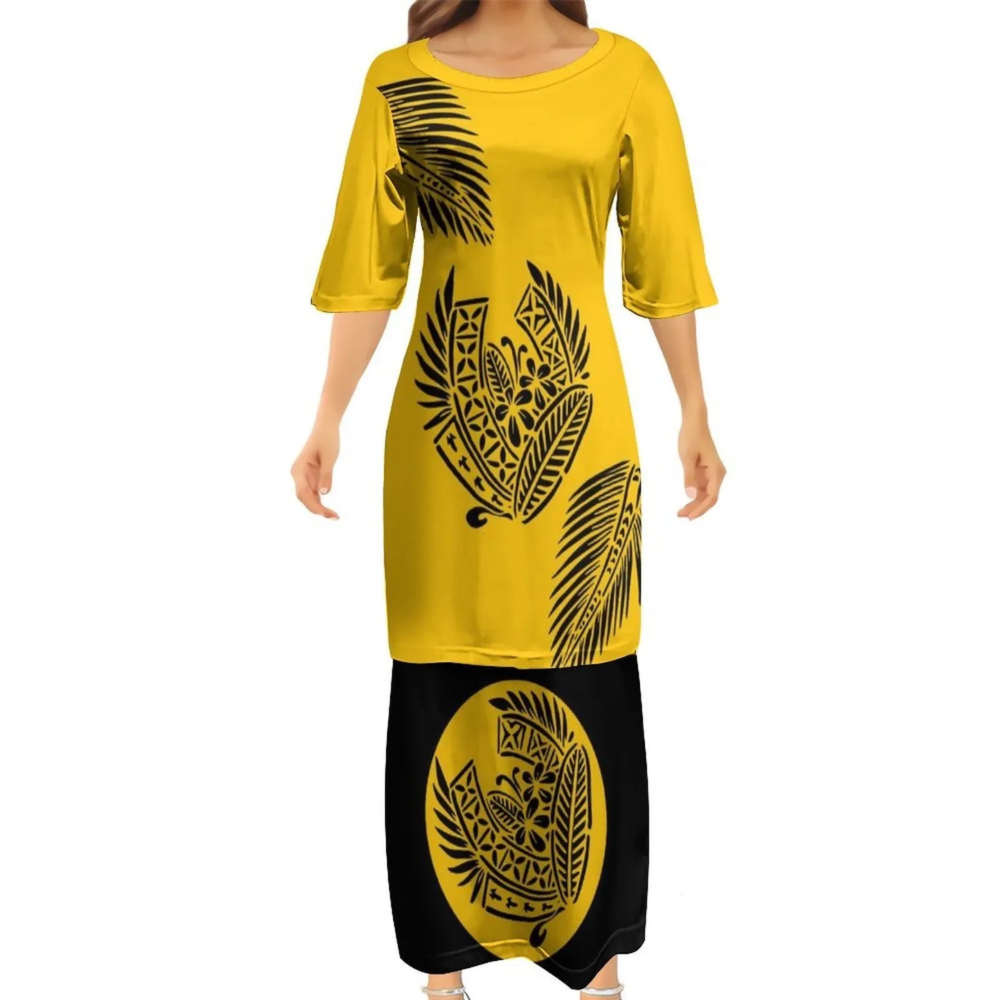 Yellow Tropical Polynesian Traditional Tribal Couple Set Puletasi Dress Two-Piece Suit With Men's Shirt Blue Matching Outfit For Couple