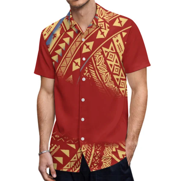 Red Polynesian Tribal Pattern Party Matching Outfit For Couple Clothing Tropical Fishtail Dress And Hawaiian Shirt