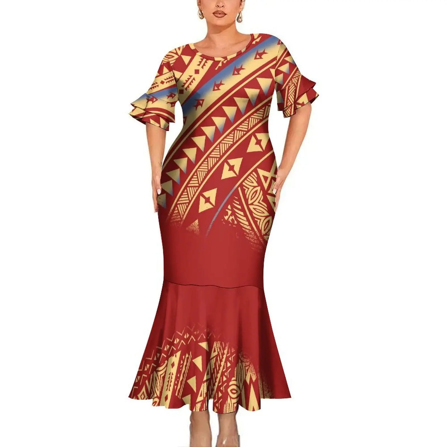 Red Polynesian Tribal Pattern Party Matching Outfit For Couple Clothing Tropical Fishtail Dress And Hawaiian Shirt