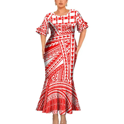 Polynesian Printed Pattern Red Matching Outfit For Couple Clothing Tropical Fishtail Dress And Shirt For Her Him