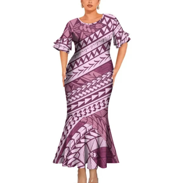 Polynesian Printed Pattern Purple Matching Outfit For Couple Clothing Tropical Fishtail Dress And Shirt For Her Him