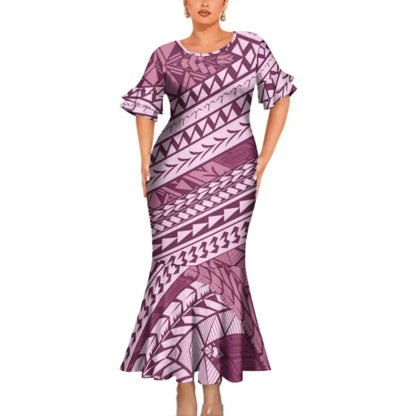 Polynesian Printed Pattern Purple Matching Outfit For Couple Clothing Tropical Fishtail Dress And Shirt For Her Him